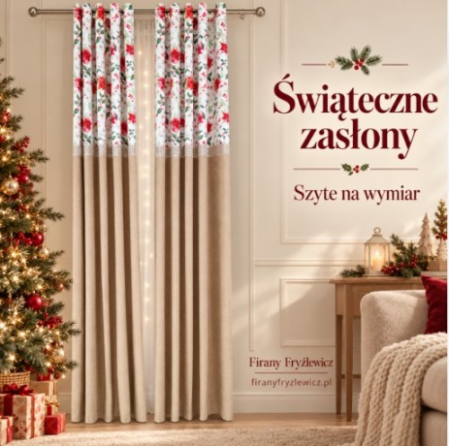 Zasłona świąteczna beżowa w kwiaty Firany Fryźlewicz.jpg